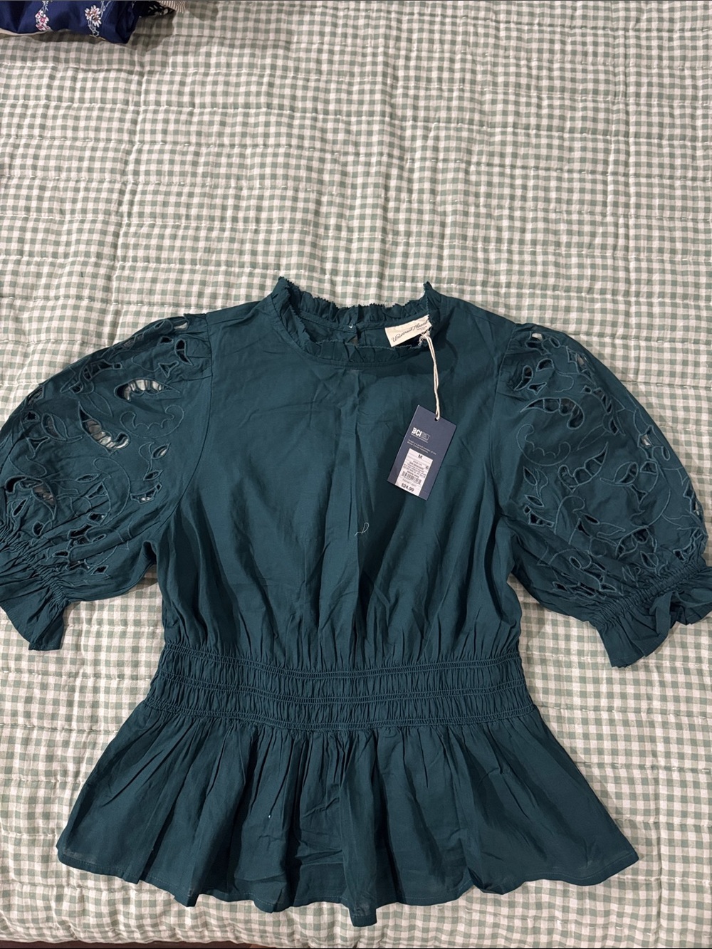 Universal Thread Teal Eyelet Puff-Sleeve Peplum Top